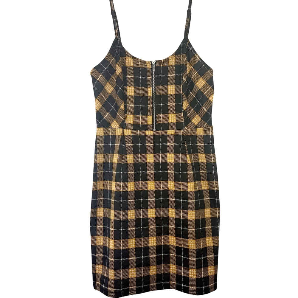 Womens Yellow Black Plaid Zipper Mini Bodycon Cami Dress Size M 7-9 Clueless